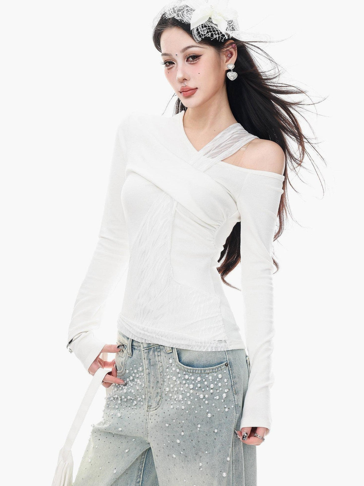 ABWLR White Halter Off Shoulder Faux Two Piece Slim Women'S Long Sleeve T-Shirts