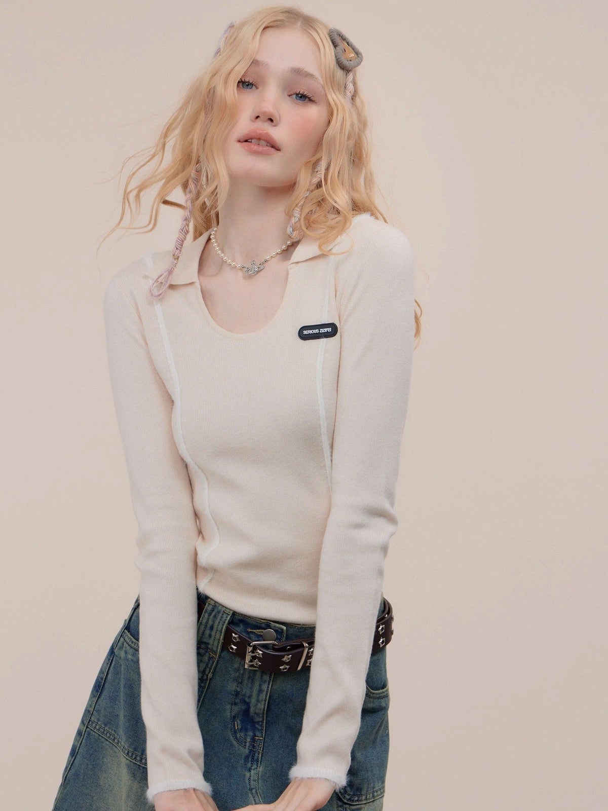 ZIZIFEI Vintage Patchwork Polo U Neck Women'S Viscose Knit Slim Fit Long Sleeve T-Shirts
