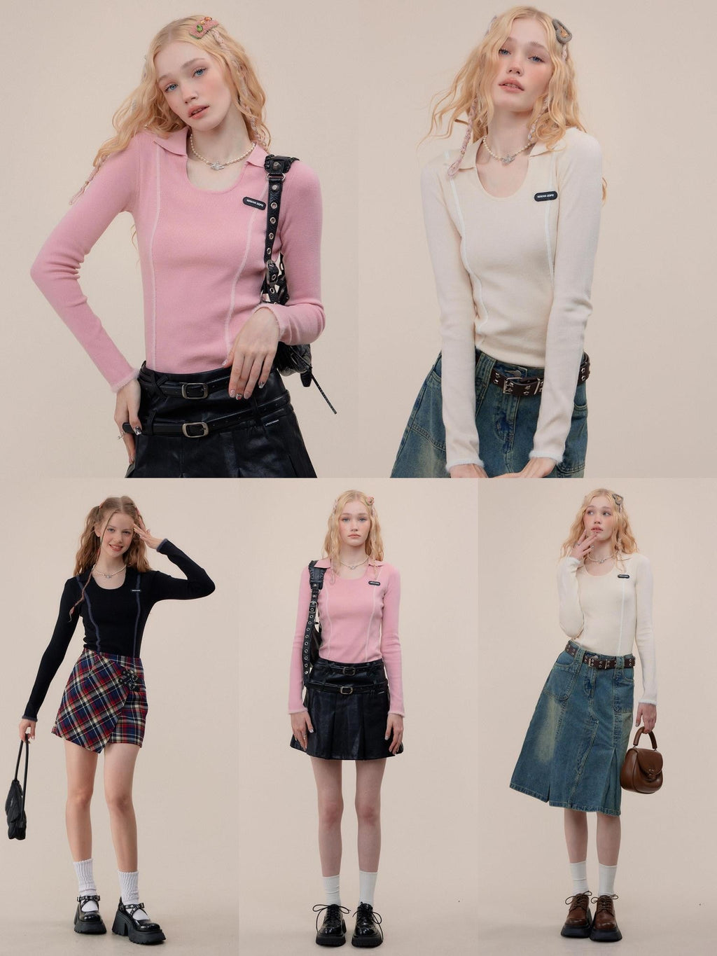 ZIZIFEI Vintage Patchwork Polo U Neck Women'S Viscose Knit Slim Fit Long Sleeve T-Shirts