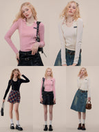 ZIZIFEI Vintage Patchwork Polo U Neck Women'S Viscose Knit Slim Fit Long Sleeve T-Shirts