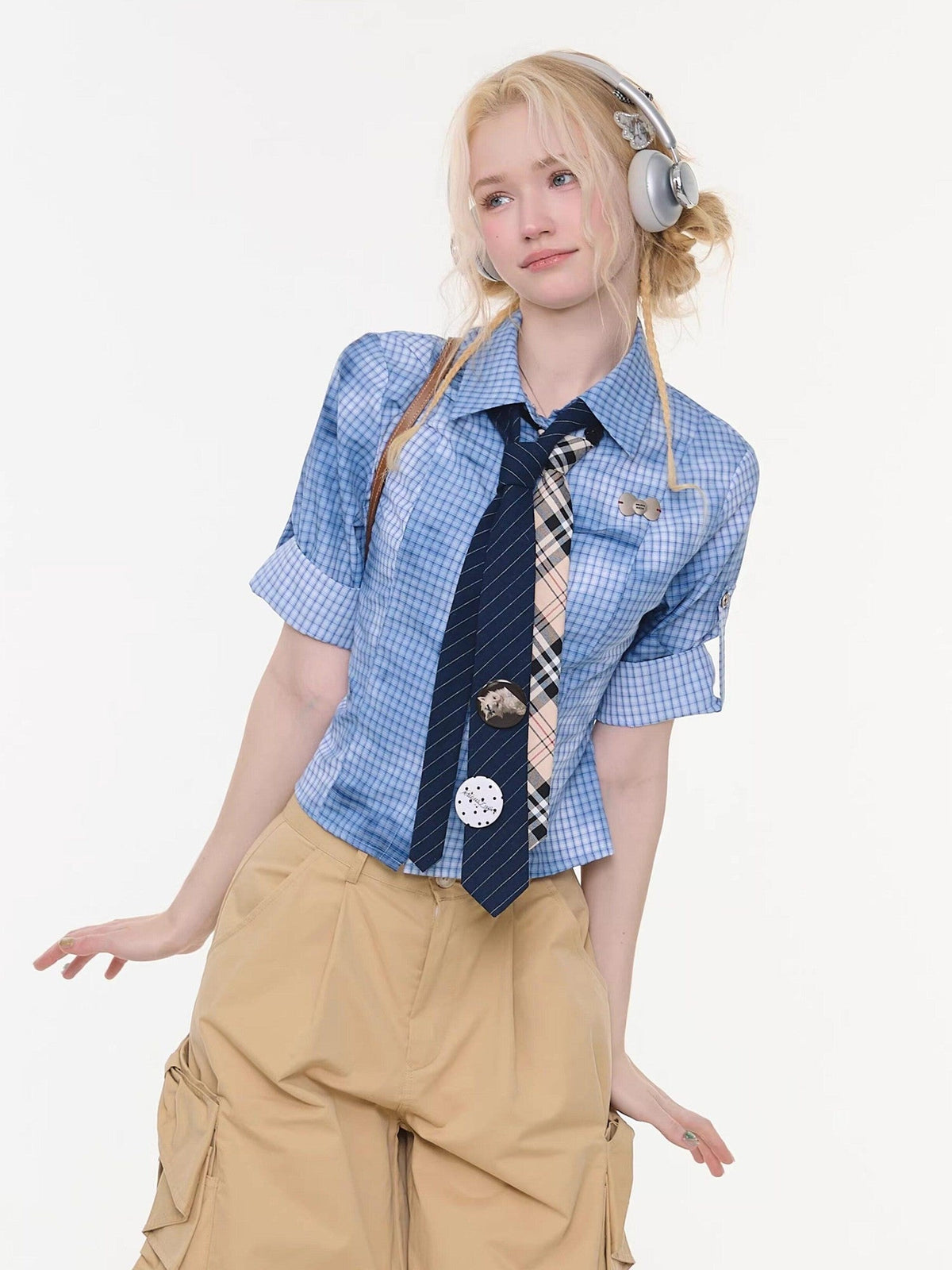 ZIZIFEI Mist Blue Ombre Plaid Waist Cinch Lapel Slim Women'S Short Sleeve T-Shirts
