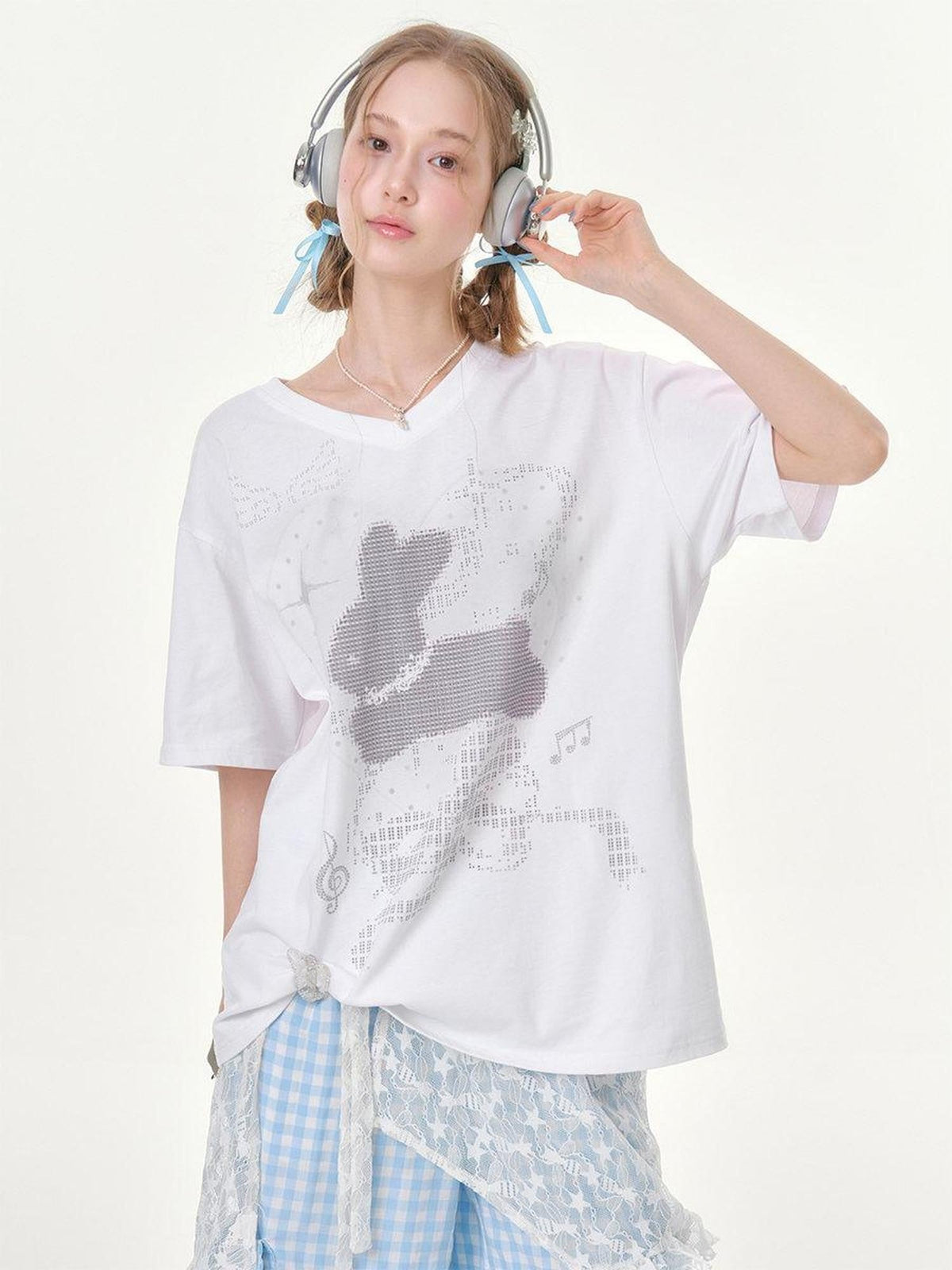 ZIZIFEI Pixel Rabbit Rhinestone V-neck Loose Women'S Cotton Short Sleeve T-Shirts