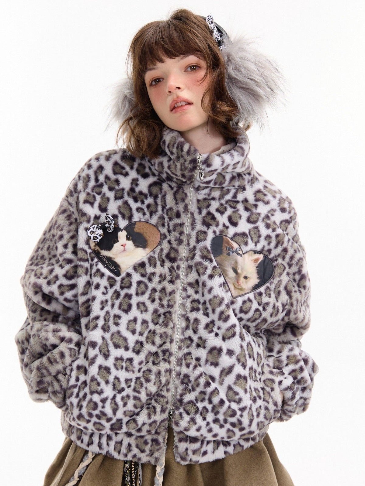 ZIZIFEI Cat Print Leopard Sherpa Oversized Vintage Women'S Polyester Puffer Jackets