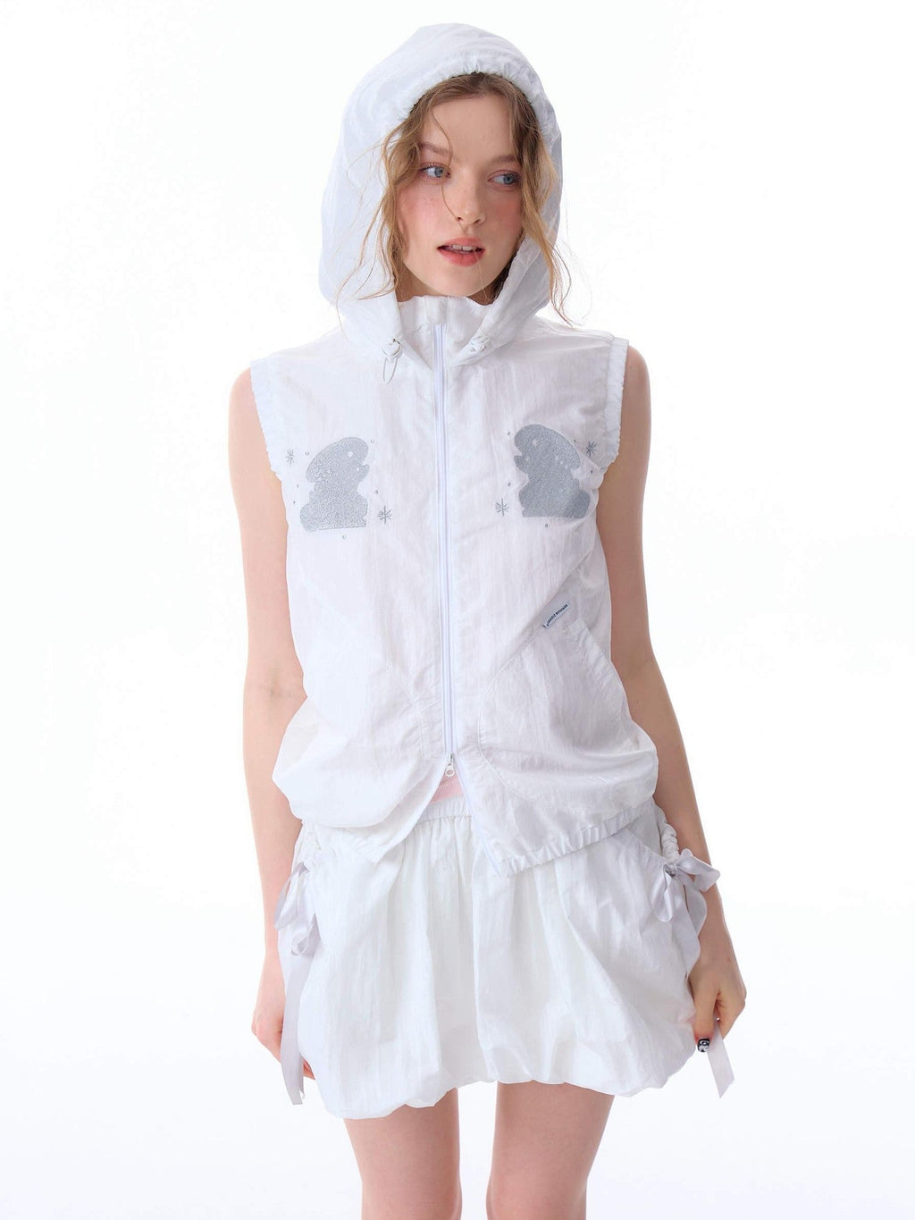ZIZIFEI Rabbit Embroidered Hooded Zipper Sporty Women'S Nylon Tank Tops
