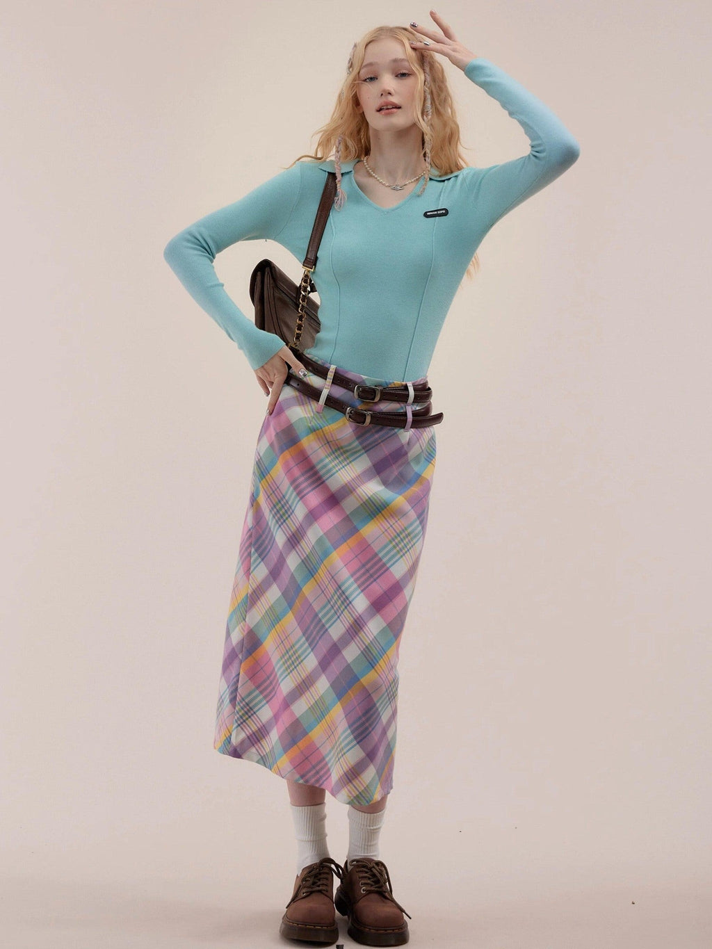 ZIZIFEI Pink Purple Plaid High Waist A Line Zipper Pockets Women'S Polyester Midi Skirts