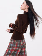 ABWLR Mocha White Mock Neck Letter Print Slim Fit Girlish Women'S Long Sleeve T-Shirts