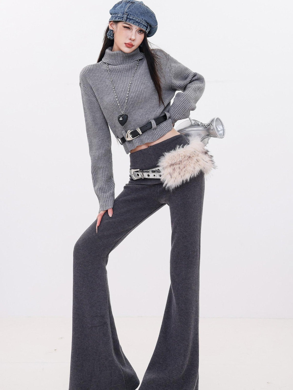 ABWLR Dark Gray Fleece Lined High Waist Slim Drape Micro Women'S Knit Flare Pants