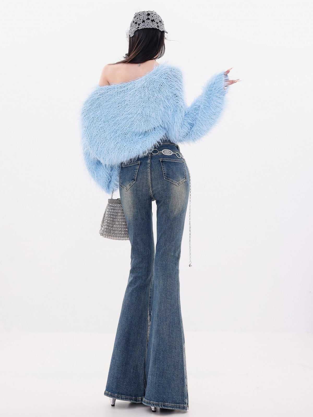 ABWLR Vintage Hotfix Rhinestone High Waist Slim Pocket Women'S Denim Flare Jeans