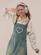 ZIZIFEI Denim 3D Heart Strap A Line Women'S Cotton Blend Casual Midi Dresses