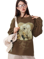 ZIZIFEI Vintage Dog Print Tie Off Shoulder Women'S Cotton Blend Long Sleeve T-Shirts