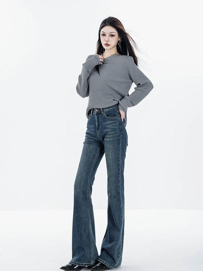 ABWLR Vintage High Waist Slim Fleece Lined Women'S Denim Flare Jeans