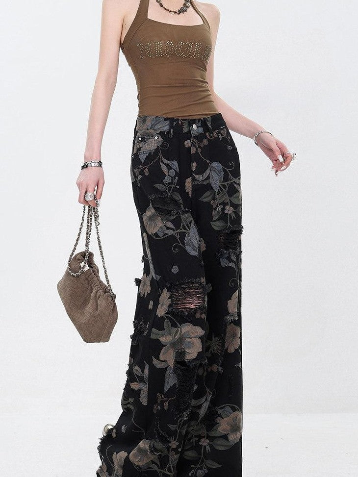 ABWLR Washed Black Printed Distressed Machine Embroidery Women'S Denim Wide-Leg Jeans