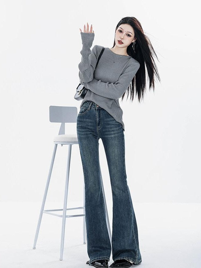ABWLR Vintage High Waist Slim Fleece Lined Women'S Denim Flare Jeans