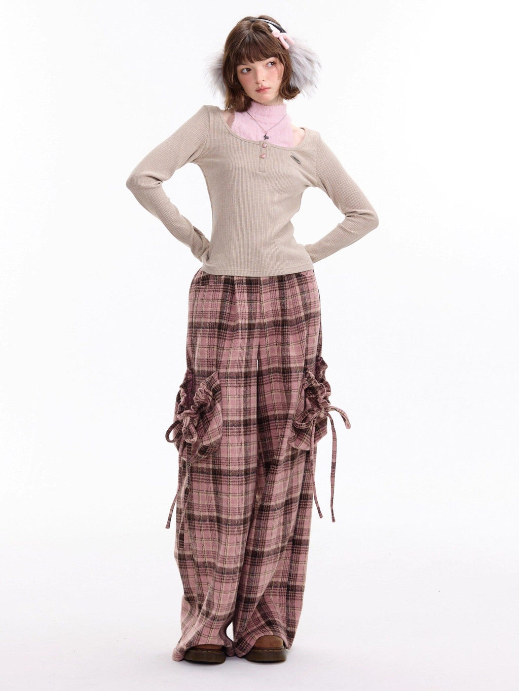 ZIZIFEI Pink Plaid High Waist Large Pocket Straight Women'S Polyester Wide-Leg Pants