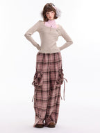 ZIZIFEI Pink Plaid High Waist Large Pocket Straight Women'S Polyester Wide-Leg Pants