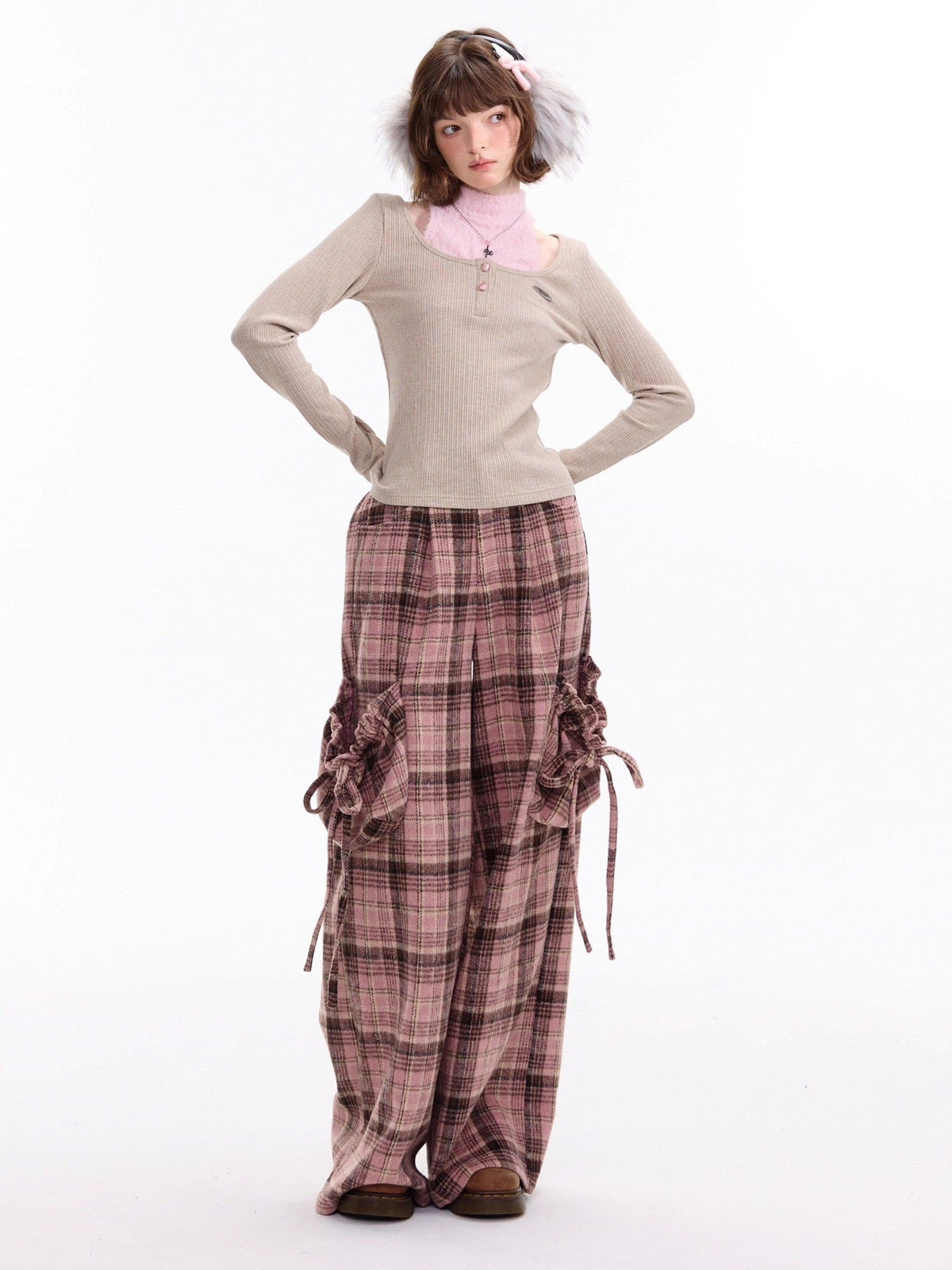 ZIZIFEI Pink Plaid High Waist Large Pocket Straight Women'S Polyester Wide-Leg Pants