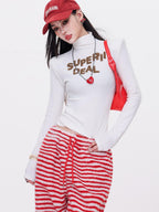 ABWLR Mocha Mist Letter Embroidery Slim Fit High Neck Women'S Long Sleeve T-Shirts
