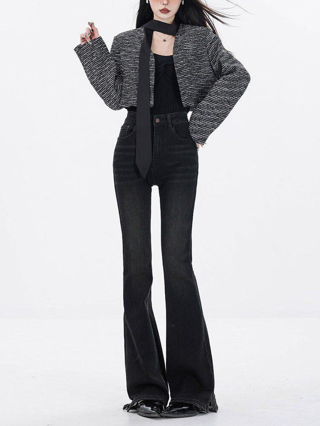 ABWLR Vintage High Waist Slim Fleece Lined Women'S Denim Flare Jeans