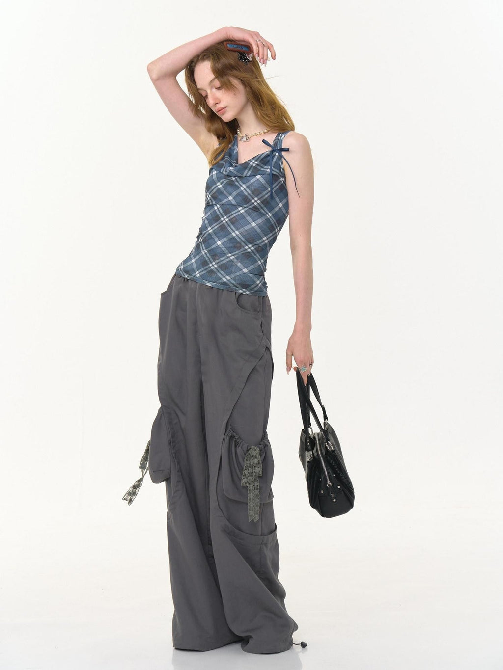 ZIZIFEI Gray High Waist Slimming Cargo Big Pocket Women'S Lyocell Blend Wide-Leg Pants