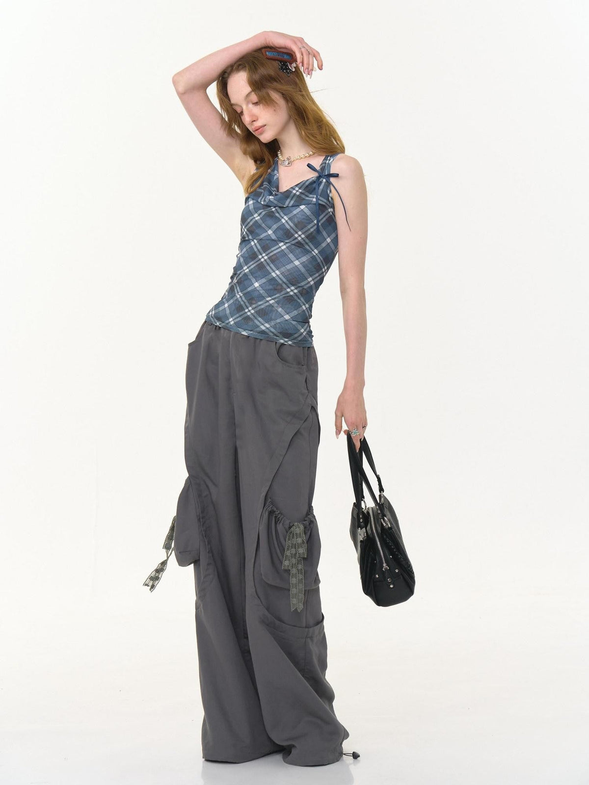 ZIZIFEI Gray High Waist Slimming Cargo Big Pocket Women'S Lyocell Blend Wide-Leg Pants