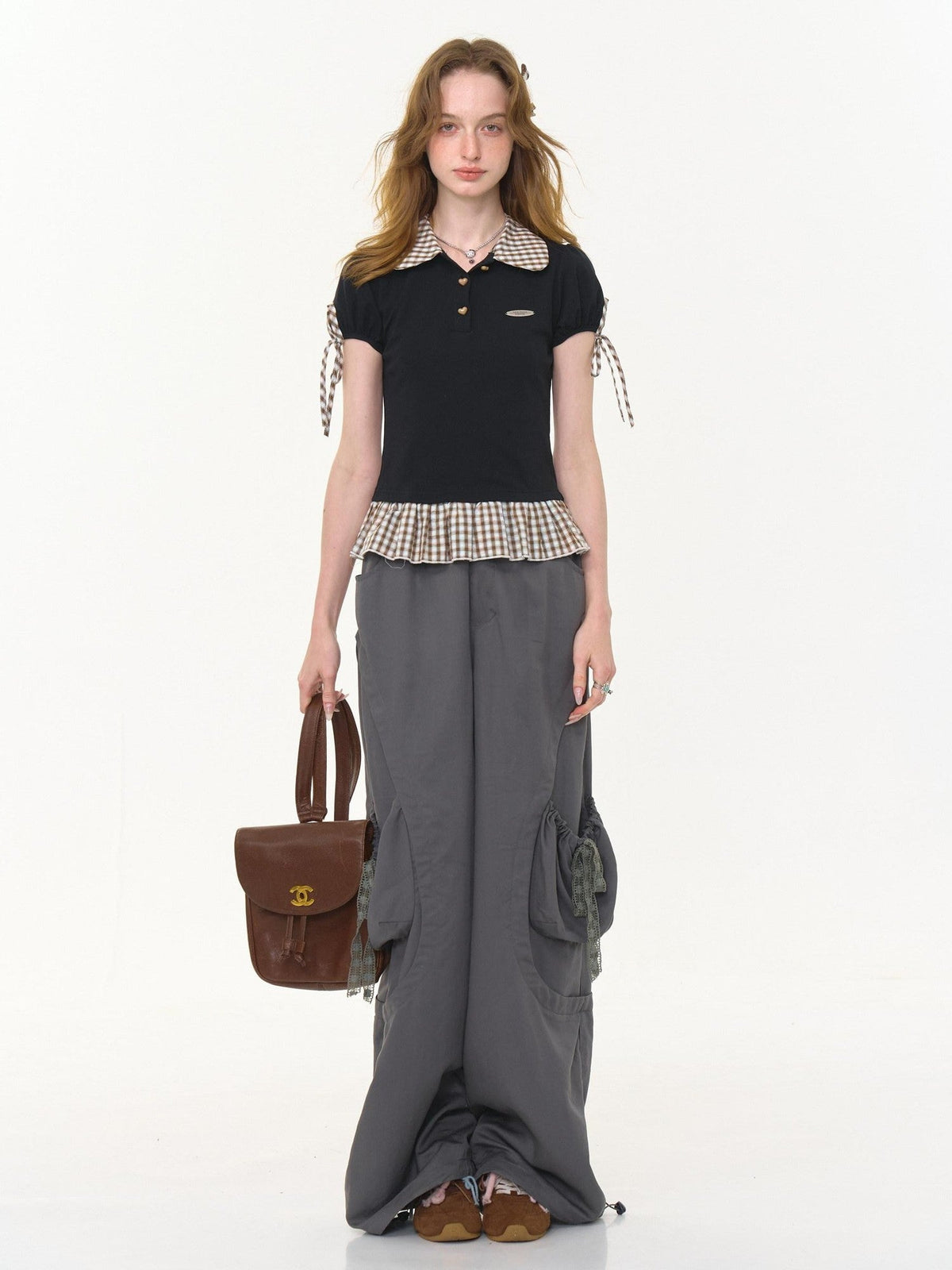 ZIZIFEI Gray High Waist Slimming Cargo Big Pocket Women'S Lyocell Blend Wide-Leg Pants
