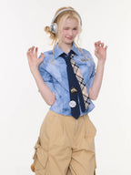 ZIZIFEI Mist Blue Ombre Plaid Waist Cinch Lapel Slim Women'S Short Sleeve T-Shirts