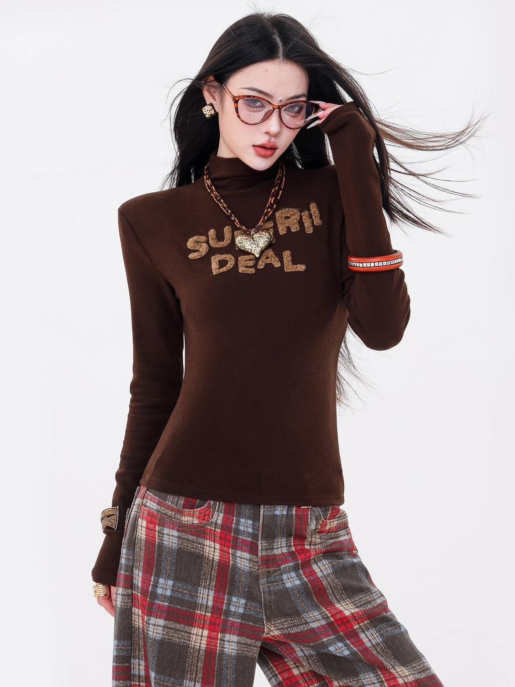ABWLR Mocha White Mock Neck Letter Print Slim Fit Girlish Women'S Long Sleeve T-Shirts