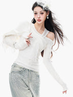ABWLR White Halter Off Shoulder Faux Two Piece Slim Women'S Long Sleeve T-Shirts