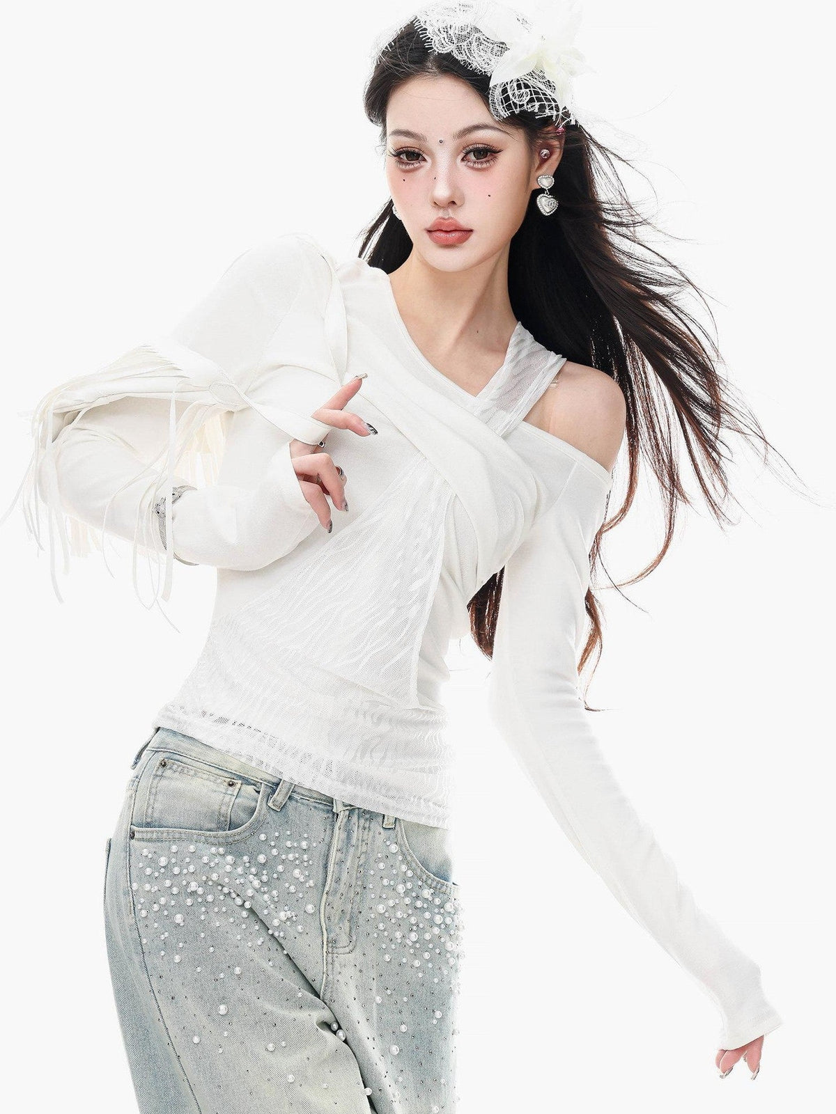 ABWLR White Halter Off Shoulder Faux Two Piece Slim Women'S Long Sleeve T-Shirts