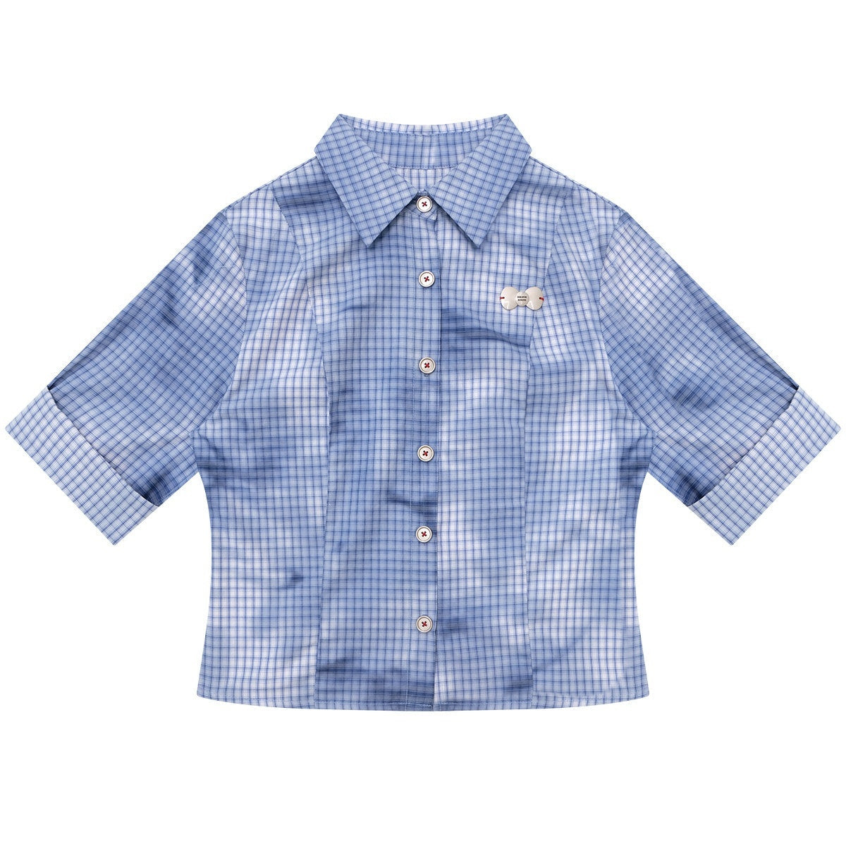 ZIZIFEI_Mist_Blue_Ombre_Plaid_Waist_Cinch_Lapel_Slim_Women'S_Short_Sleeve_T-Shirts_MISSTT