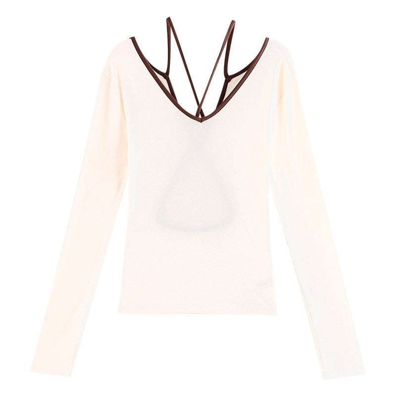 ABWLR_Sexy_Open_Back_Cutout_V-neck_Fitted_Women'S_Black_Long_Sleeve_T-Shirts_MISSTT