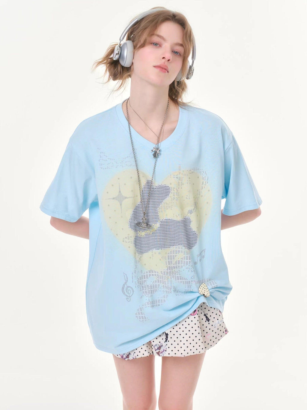 ZIZIFEI Pixel Rabbit Rhinestone V-neck Loose Women'S Cotton Short Sleeve T-Shirts