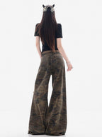 ABWLR Mist Forest Camouflage Distressed Women'S Denim Wide-Leg Jeans