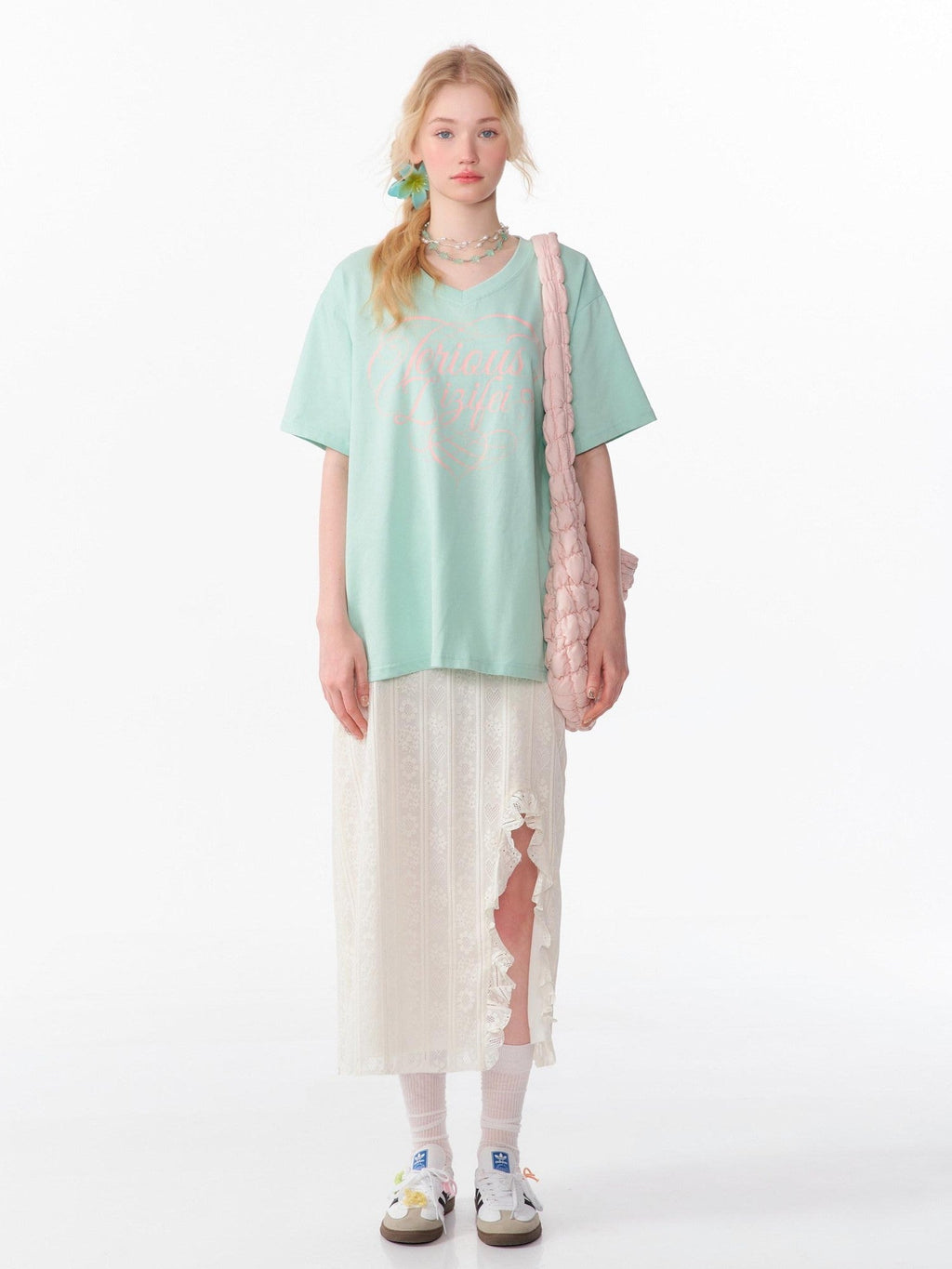 ZIZIFEI Apricot Ruffled High Waist Slit H Line Women'S Lace Midi Skirts