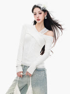 ABWLR White Halter Off Shoulder Faux Two Piece Slim Women'S Long Sleeve T-Shirts