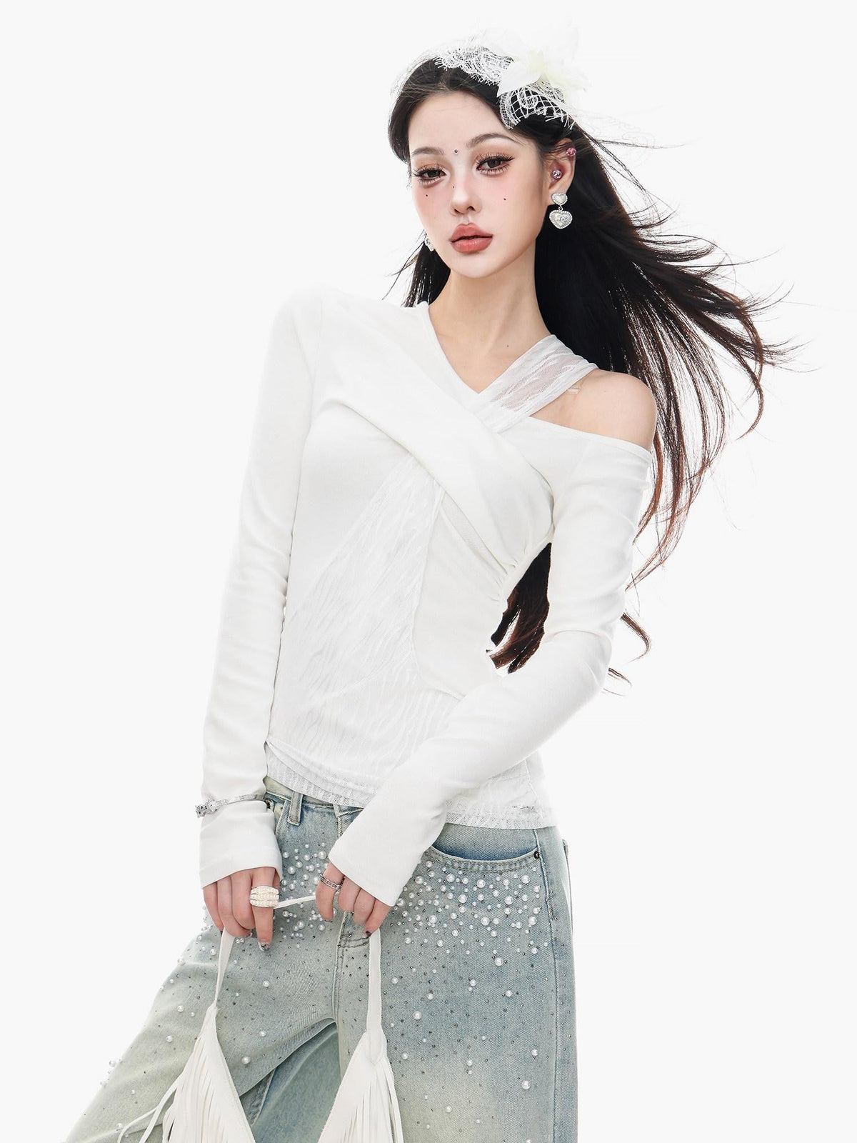 ABWLR White Halter Off Shoulder Faux Two Piece Slim Women'S Long Sleeve T-Shirts
