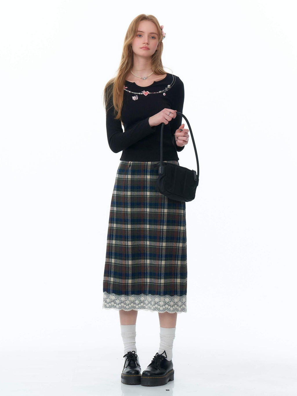 ZIZIFEI Plaid Lace Patchwork High Waist A Line Rear Slit Women'S Wool Blend Midi Skirts