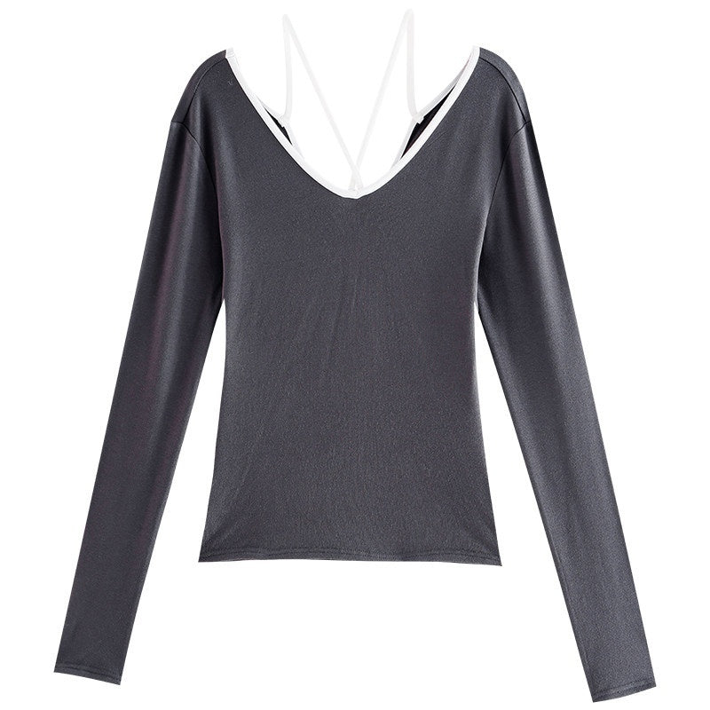 ABWLR_Sexy_Open_Back_Cutout_V-neck_Fitted_Women'S_Black_Long_Sleeve_T-Shirts_MISSTT