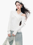 ABWLR White Halter Off Shoulder Faux Two Piece Slim Women'S Long Sleeve T-Shirts