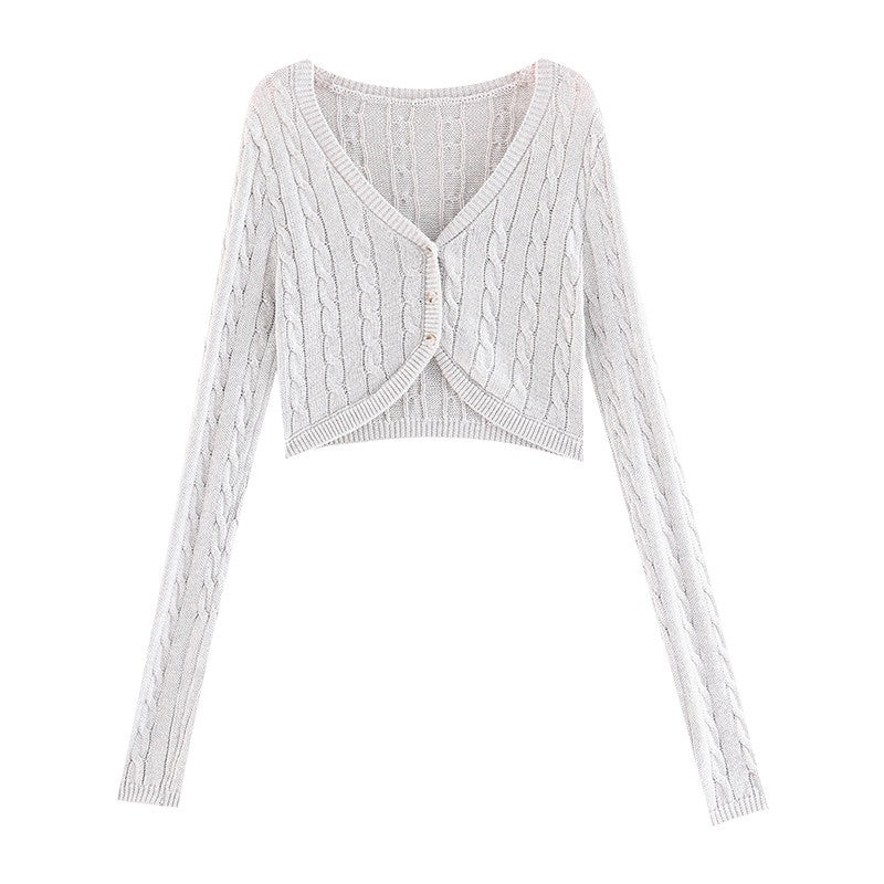 ABWLR_Coffee_Cable_Knit_V-neck_Short_Slim_Buttoned_Women'S_Knit_Cardigans_MISSTT