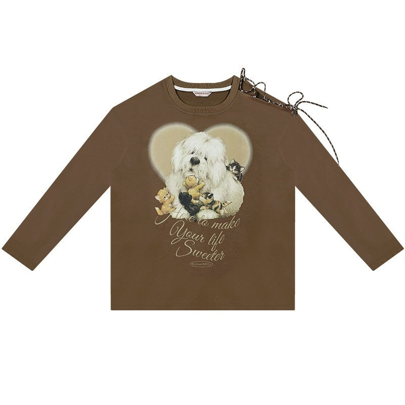 ZIZIFEI_Vintage_Dog_Print_Tie_Off_Shoulder_Women'S_Cotton_Blend_Long_Sleeve_T-Shirts_MISSTT
