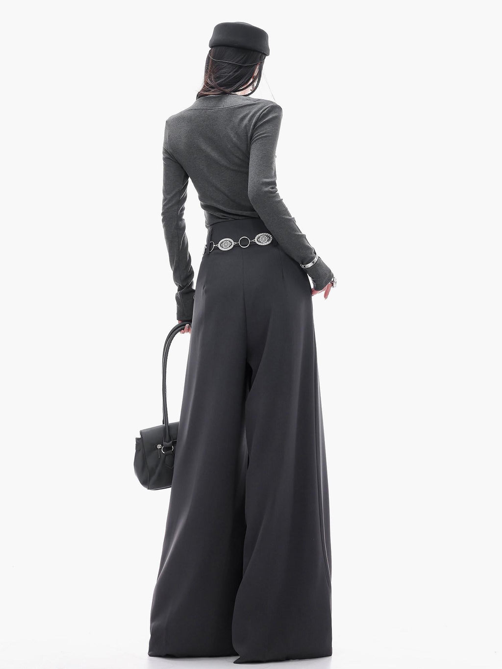 ABWLR Minimalist Gray Pleated Drawstring Natural Waist Zipper Women'S Wide-Leg Pants