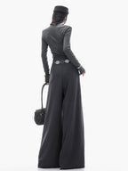 ABWLR Minimalist Gray Pleated Drawstring Natural Waist Zipper Women'S Wide-Leg Pants