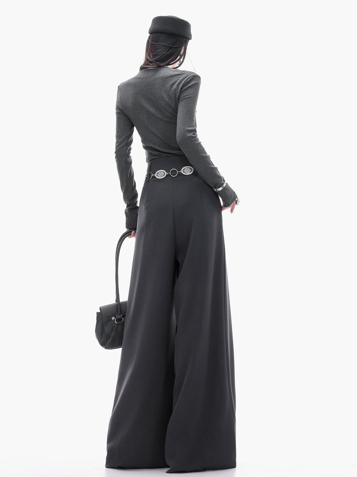 ABWLR Minimalist Gray Pleated Drawstring Natural Waist Zipper Women'S Wide-Leg Pants