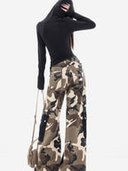 ABWLR Camouflage Patchwork Cargo Loose Fit Women'S Denim Wide-Leg Jeans