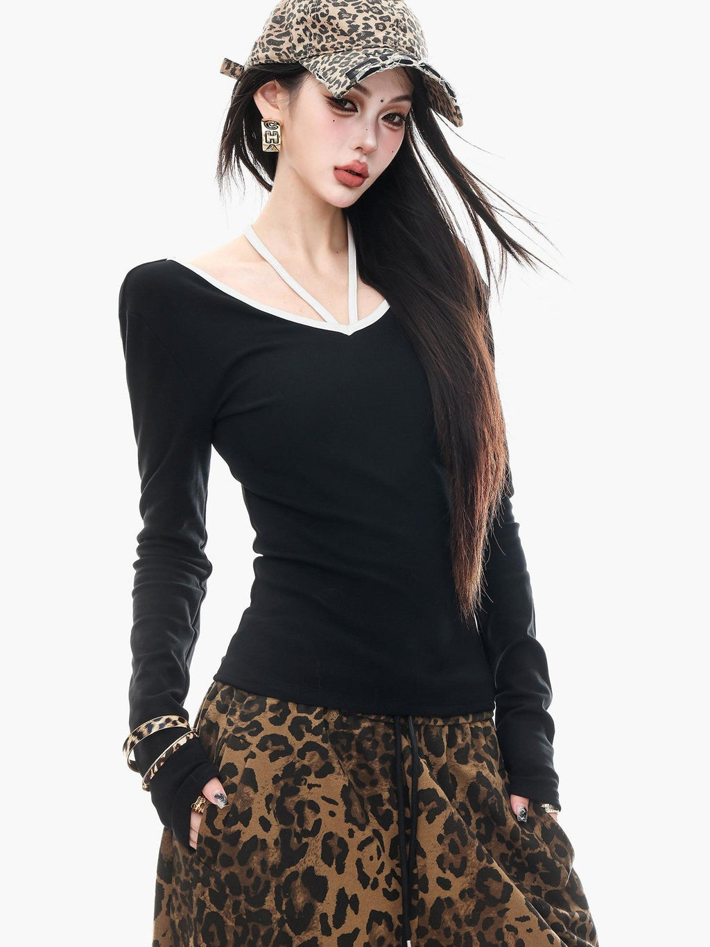ABWLR Sexy Open Back Cutout V-neck Fitted Women'S Black Long Sleeve T-Shirts