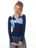 ZIZIFEI Colorblock Patchwork Knitted Bow Halter Women'S Lyocell Long Sleeve T-Shirts