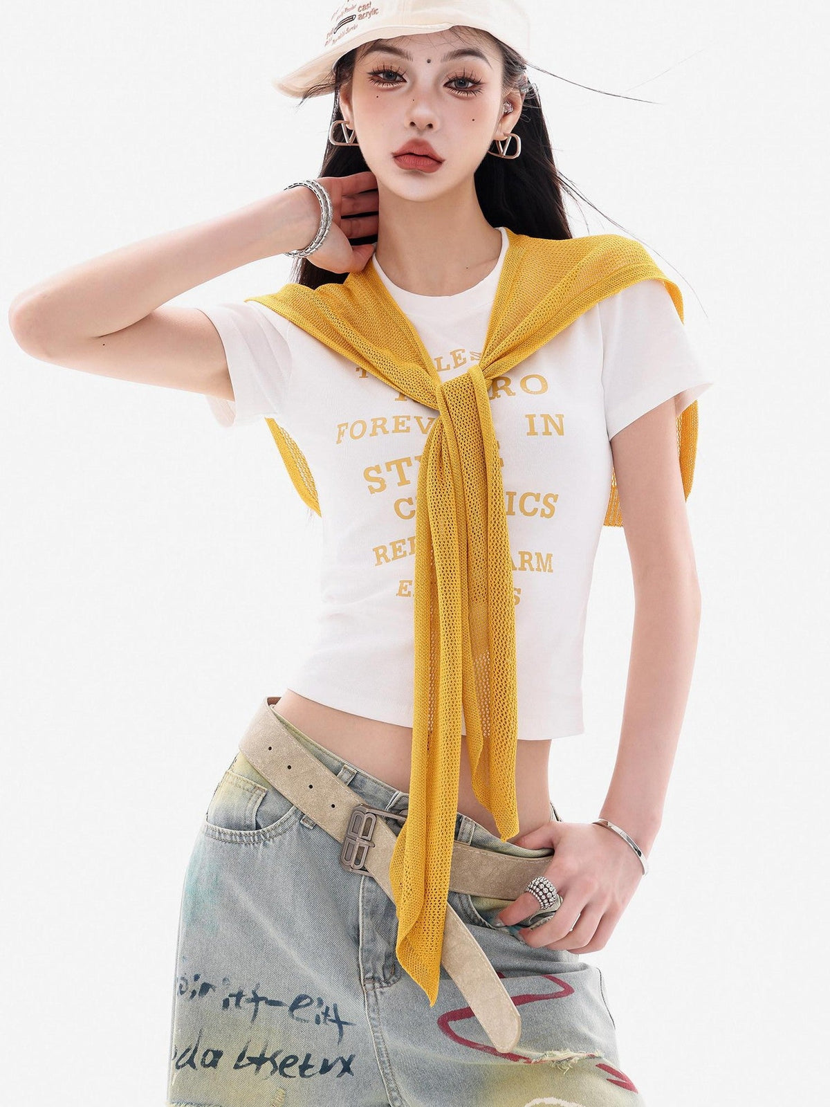 ABWLR Layered Shawl Letter Print Slim Fit Two Piece Women'S Short Sleeve T-Shirts