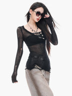 ABWLR Black Gothic V-neck Cutout Knit Slim Fit Women'S Long Sleeve T-Shirts