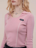 ZIZIFEI Vintage Patchwork Polo U Neck Women'S Viscose Knit Slim Fit Long Sleeve T-Shirts